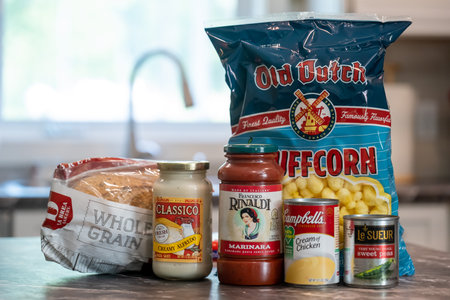 NISSWA, MN - 2 AUG 2021: Grocery products containers on kitchen counter.のeditorial素材