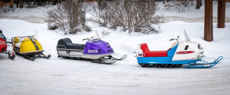 NISSWA, MN - 21 JAN 2022: Old McCulloch, Viking and Polaris snowmobiles.