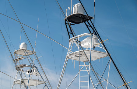 Tuna Towers of two sport fishing yachts moored next to each other in a marina. Used for spotting...