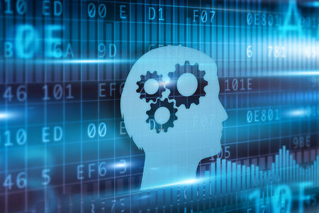 Intelligence concept blue head with cogwheels blue backround