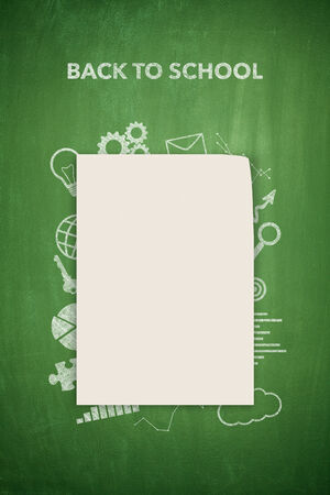 Back to school on blackboard with empty paper sheetの写真素材
