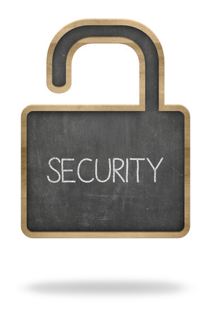 Security concept on padlock shape black blackboard on white backgroundの写真素材