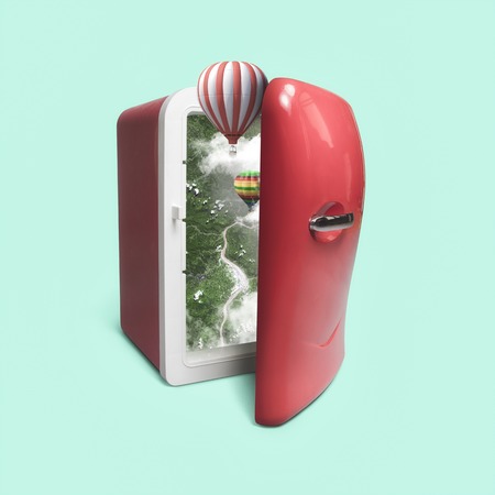 Fridge and travel theme inside ofの写真素材