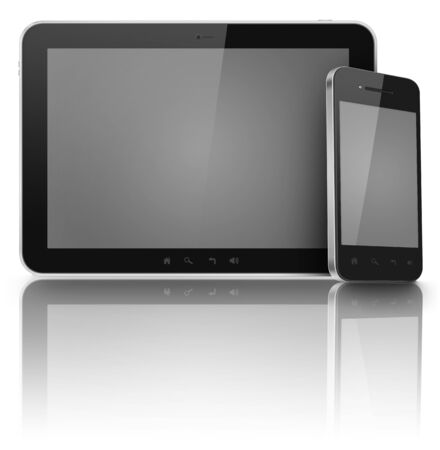 Tablet and phone with black screens isolatedの写真素材