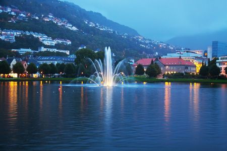 Evening cityscape of Bergen, Norwayの写真素材