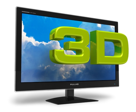 Black stylish glossy widescreen TFT display with blue sky and 3D text behind it isolated on white...