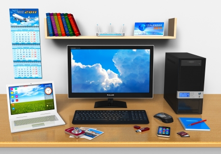 Office workplace with desktop computer, laptop, smartphone, compact digital camera, flash drive and other devices Office workplace with desktop computer, laptop, smartphone, compact digital camera, flash drive and other devices