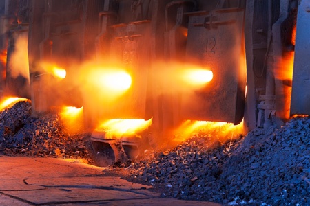 Very rare close view of working open hearth furnace at the metallurgical plant