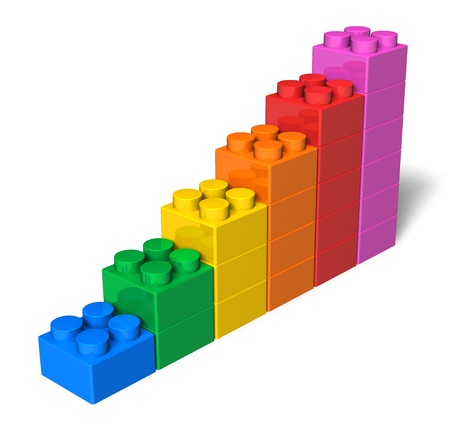 Growing bar chart from color toy blocks isolated on white background