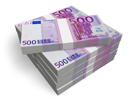 Stacks of 500 Euro banknotes isolated on white background Stacks of 500 Euro banknotes isolated on white background