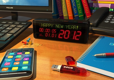 Macro view of digital alarm clock with "Happy New Year!" message on table among other objects *** DESIGN OF ALL OBJECTS USED IN THIS IMAGE IS MY OWN AND ALL TEXT LABELS ARE FULLY ABSTRACTの写真素材