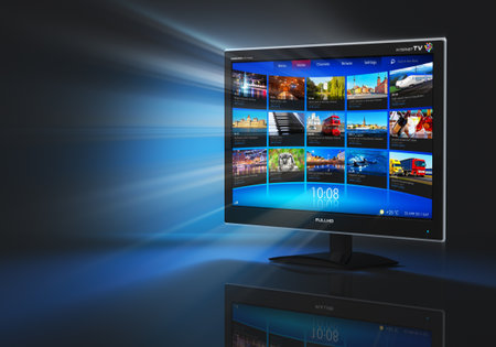Internet and telecommunication concept  black glossy widescreen high definition tv screen with streaming video gallery on black background with reflection effect の写真素材