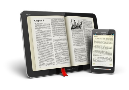 Mobile reading and literature library concept: book with text in tablet computer and touchscreen smartphone isolated on white. Design of tablet PC and smartphone and used photo are MY OWN and text is fully abstract and generated by random text generator.の写真素材