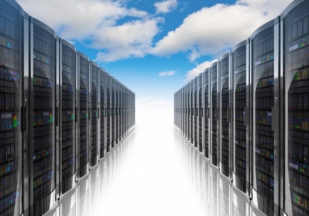 Cloud computing and computer networking concept rows of network servers against blue sky with clouds Cloud computing and computer networking concept rows of network servers against blue sky with clouds