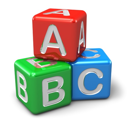 Back to school and education concept ABC color glossy cubes with letters isolated on white background Back to school and education concept ABC color glossy cubes with letters isolated on white background