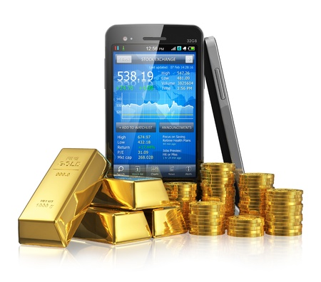 Creative business financial corporate stock exchange trading and making money and profit investment concept black glossy touchscreen smartphone with stock market application, golden ingots and gold coins Design is my own and totally original Creative business financial corporate stock exchange trading and making money and profit investment concept black glossy touchscreen smartphone with stock market application, golden ingots and gold coins Design is my own and totally original
