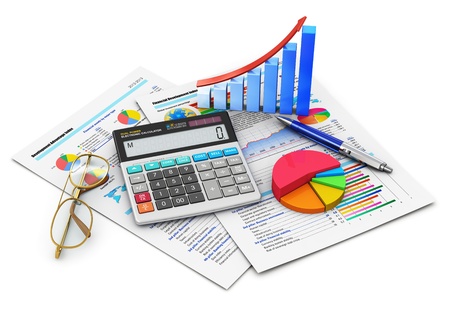 Business finance, tax, accounting, statistics and analytic research concept office electronic calculator, bar graph and pie diagram, glasses and pen on financial reports with colorful data isolated on white background Design is my own Business finance, tax, accounting, statistics and analytic research concept office electronic calculator, bar graph and pie diagram, glasses and pen on financial reports with colorful data isolated on white background Design is my own