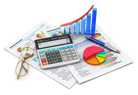 Business finance, tax, accounting, statistics and analytic research concept  office electronic calculator, bar graph and pie diagram, glasses and pen on financial reports with colorful data isolated on white background  Design is my own