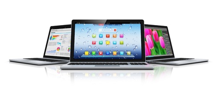 Business and office mobility and digital lifestyle concept  set of modern metal glossy laptops and...
