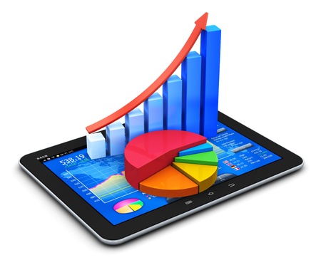 Mobile office, stock exchange market trading, statistics accounting, financial development and banking business concept modern touchscreen tablet computer PC with stock market application software interface, growth bar chart and pie diagram isolated on w Mobile office, stock exchange market trading, statistics accounting, financial development and banking business concept modern touchscreen tablet computer PC with stock market application software interface, growth bar chart and pie diagram isolated on w