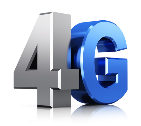 Creative abstract mobile telecommunication cellular high speed data connection business concept  blue metallic 4G LTE wireless communication technology logo, symbol, icon or button isolated on white background with reflection effectの写真素材