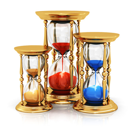 Creative abstract time and vision perspective business concept  set of golden vintage hourglasses or...