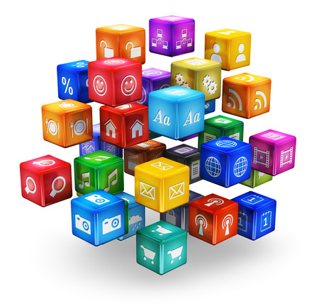 Creative abstract mobile applications software, wireless downloading communication internet web business concept  cloud or group of color app icons or buttons for smartphone or tablet computer PC isolated on white backgroundの写真素材