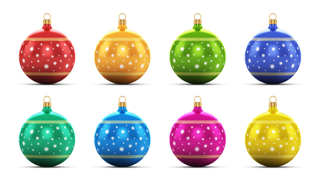 Creative abstract New Year 2014 and Xmas celebration concept  set of color shiny metallic glass Christmas balls with colorful star decoration ornament design isolated on white background with reflection effectの写真素材