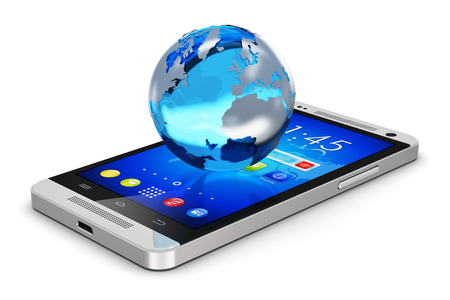 Creative abstract global wireless communication technology and mobility internet web business concept  blue crystal Earth globe world planet with map on modern metal black glossy touchscreen smartphone with colorful interface with color icons and buttons の写真素材
