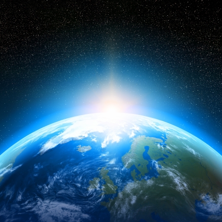 Creative abstract global communication scientific concept  space view of sunrise above Earth planet globe with world map in Solar System of Universeの写真素材