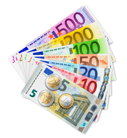 Creative abstract business success, financial management, banking and accounting concept  full set of Euro currency banknotes with 2 and 1 Euro coins isolated on white backgroundの写真素材