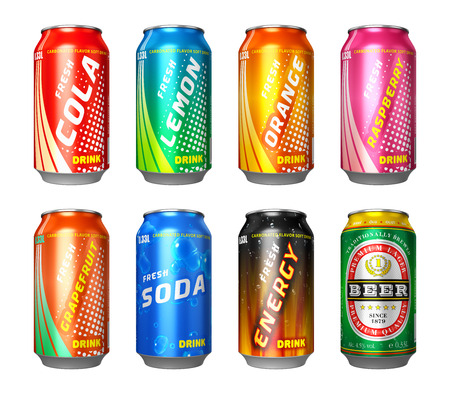 Set of color metal drink cans with cola, lemon, orange, raspberry, grapefruit, soda, energy drink and beer isolated on white backgroundの写真素材