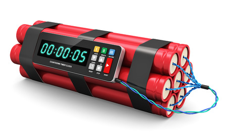 TNT time bomb explosive with digital countown timer clock isolated on white backgroundの写真素材