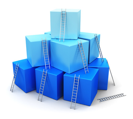 group of blue cubes with ladders isolated on white backgroundの写真素材