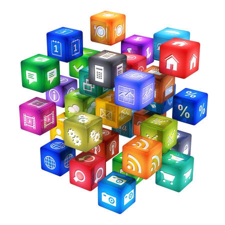 group of color app icons or buttons for smartphone or tablet computer PC isolated on white backgroundの写真素材
