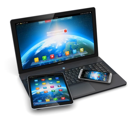 business laptop or office notebook, tablet computer PC and modern black glossy touchscreen smartphone with colorful application interfaces isolated on white backgroundの写真素材