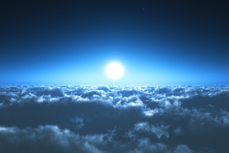Scenic view of night flight above the clouds with full moon and dark blue sky with stars at the midnightの写真素材