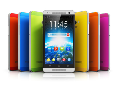 group of modern metal glossy touchscreen smartphones with colorful interface with color icons and buttons isolated on white backgroundの写真素材