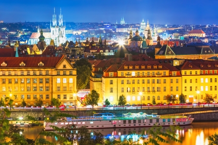 Scenic summer night aerial panorama of the Old Town pier architecture with Vltava river in Prague, Czech Republicの写真素材