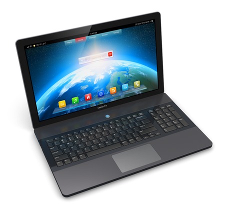 Mobility PC computer web technology and internet communication concept  modern business laptop or metal office notebook with color screen interface isolated on white backgroundの写真素材