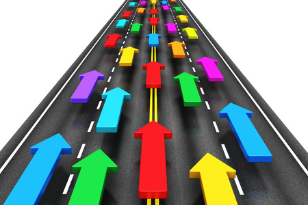 Creative abstract traffic, transportation, shipping and logistics, travel and communication business internet concept group of color arrows moving by the highway road isolated on white background Creative abstract traffic, transportation, shipping and logistics, travel and communication business internet concept group of color arrows moving by the highway road isolated on white background