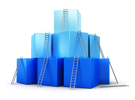 Creative abstract business progress, development, success, leadership and competition concept  group of blue cubes with ladders isolated on white backgroundの写真素材