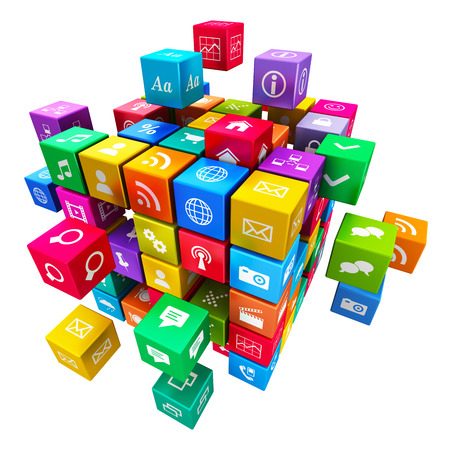 Creative mobile applications, media technology and internet networking web communication concept  colorful metallic cube with cloud of color application icons isolated on white backgroundの写真素材