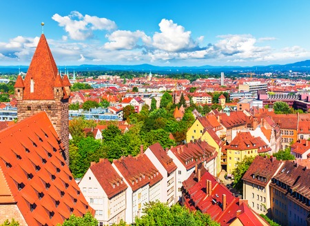 Scenic summer aerial panorama of the Old Town architecture in Nuremberg, Germanyの写真素材