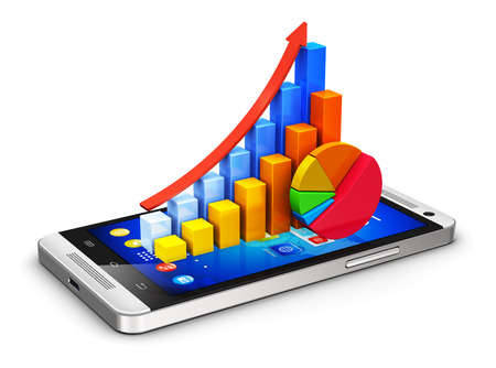 Creative abstract business finance statistics and corporate analytics internet web concept  color bar graphs and pie chart on modern black glossy touchscreen smartphone or mobile phone isolated on white backgroundの写真素材
