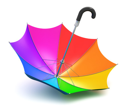 Color rainbow umbrella with black handle upside down isolated on white backgroundの写真素材