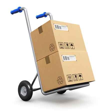 Metal hand truck with corrugated cardboard package boxes isolated on white の写真素材