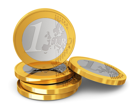 Business, finance, banking and success concept  stack of one Euro coins isolated on white backgroundの写真素材