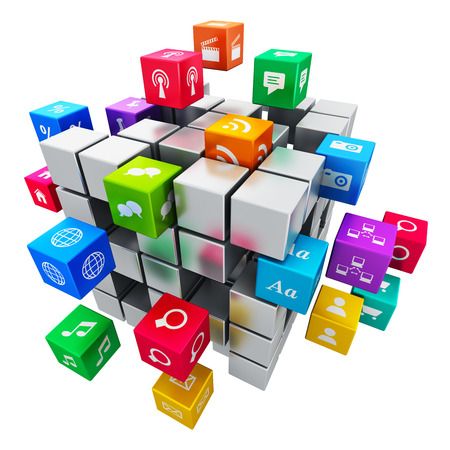 Creative mobile applications, media technology and internet networking web communication concept  colorful metallic cube with cloud of color application icons isolated on white backgroundの写真素材