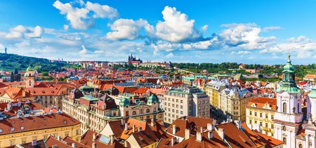 Scenic summer panorama of the Old Town architecture in Prague, Czech Republicの写真素材